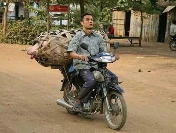 Ronaldo lái xe máy chở lợn đi bán
