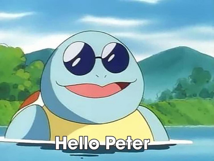 Pokemon rùa đeo kính nói Hello Peter